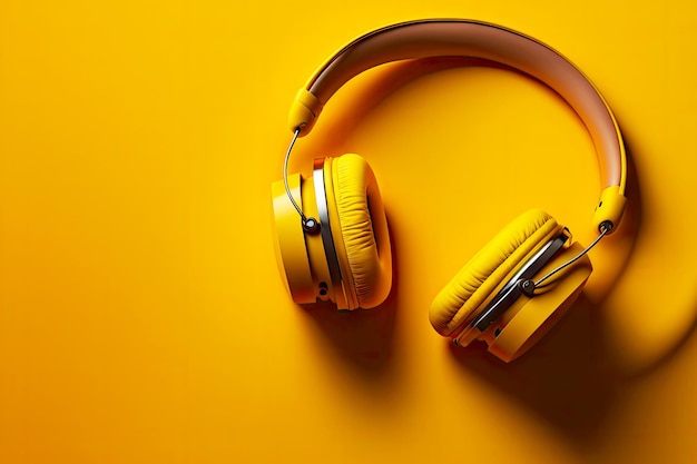 Stylish trendy headphones with microphone on yellow background