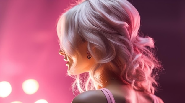 Стильная модная женская прическа блондинки с крупными кудрями Красивая девушка в профиль с профессиональной укладкой волос, вид сзади Розовые оттенки контента для парикмахера салон красоты ai генеративное изображение