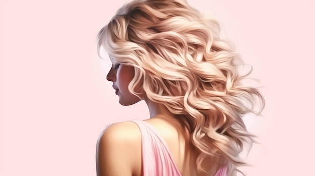 Stylish trendy women's hair styling blonde large curls Beautiful girl in profile with professional hair styling back view Pink shades content for hairdresser beauty salon ai generative image