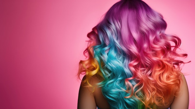 スタイリッシュなトレンディーな女性のヘアスタイリング色の大きなカールプロのヘアスタイリングのバックビューの美しい女の子美容師美容院のピンクの色合いのコンテンツai生成画像