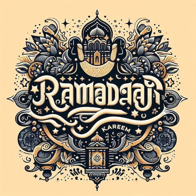 Stylish typography of Ramadan Kareem with ornamental elements