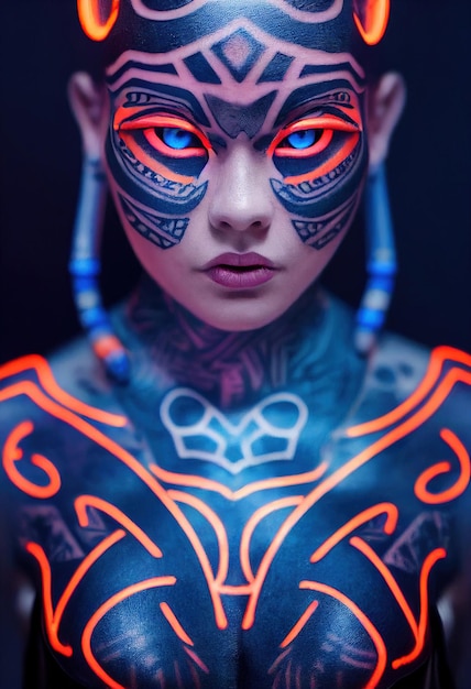 Stylish unusual fashionable fictional woman with amazing tattoos on her body and face