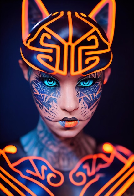 Stylish unusual fashionable fictional woman with amazing tattoos on her body and face