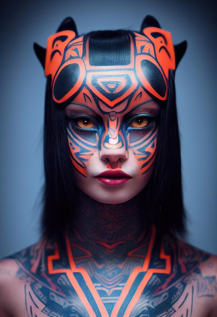 stylish unusual fashionable fictional woman with amazing tattoos on her body and face