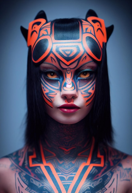 Stylish unusual fashionable fictional woman with amazing tattoos on her body and face