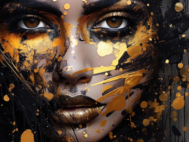 AI が生成した目を引く黒とゴールドのペイントで覆われたスタイリッシュな都会の女性