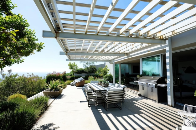 Stylish Veranda Elegant Outdoor Living Space with Pergola and Garden Lounge