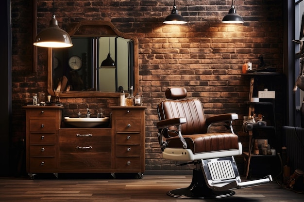 Фото Стильный винтажный парикмахерский стул в деревянном интерьере