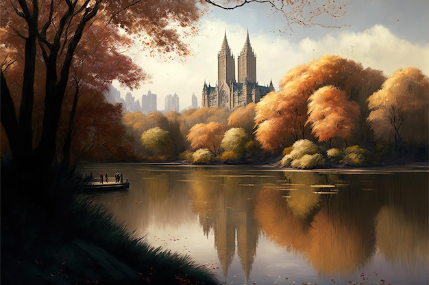 Stylish wallpaper illustrating autumn in central park lake walking cold yellow leaves fresh air romance date aesthetics trees park city beautiful scenery architecture skyscrapers AI