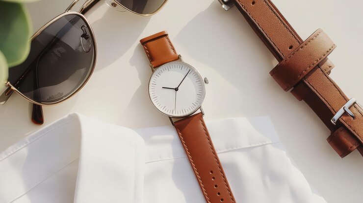 A stylish watch with a brown leather strap beside sunglasses and a white shirt