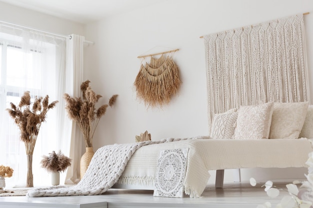 Stylish white ethnic bedroom interior empty room