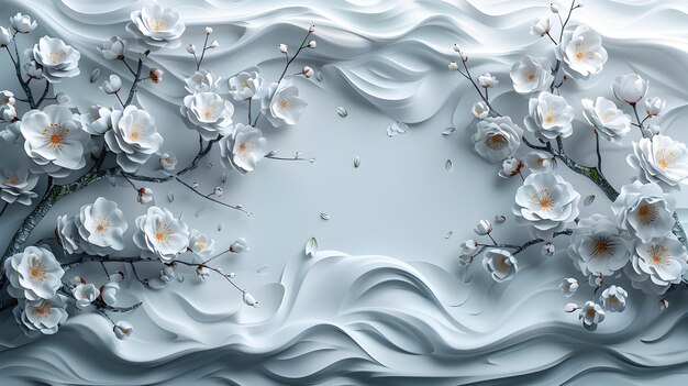 Stylish White Floral Wallpaper with Wavy Pattern in 3D