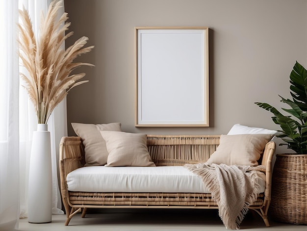 Stylish white interior of living room with mock up poster frame rattan decoration leaf wooden shelf