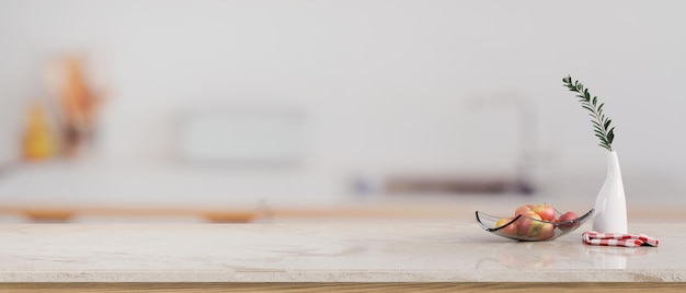 Stylish white kitchen islands or countertop with decor and copy space over blurred background