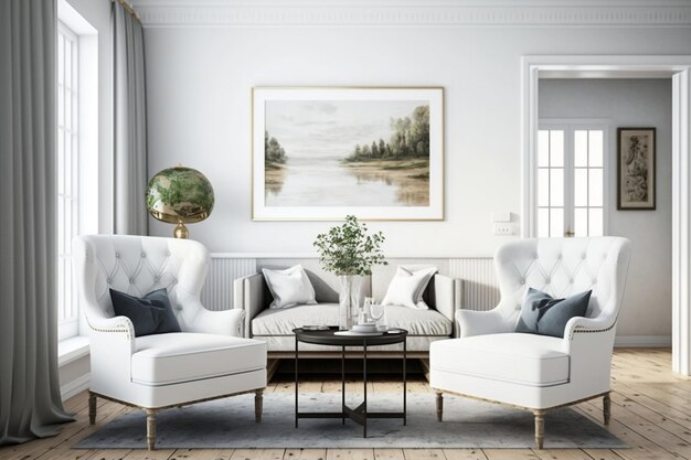 Stylish White Living Room Featuring Two Armchairs Coffee Table Art Decorated Dresser and Hardwood Floor with Carpet Generative AI