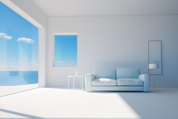 Stylish white living room with a white sofa Large windows in the interior Nobody