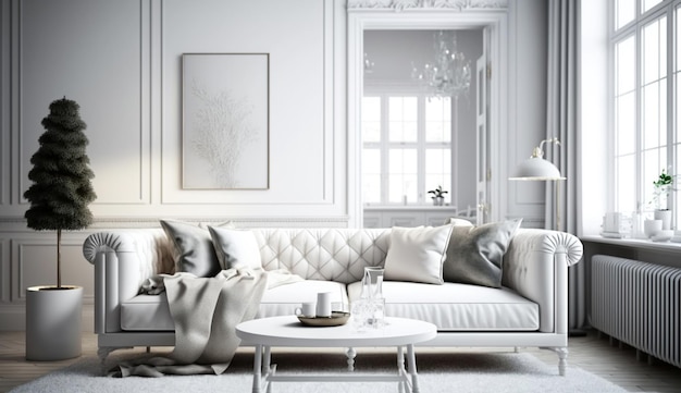 Stylish white modern living room interior with sofa home decor Generative AI