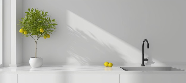 Stylish white quartz countertop with potted lemon tree in modern minimalistic white kitchen interior