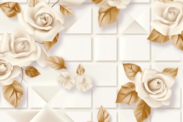 stylish white roses with golden leaves on a white geometric pattern