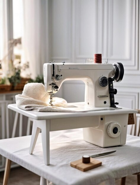 A Stylish White Sewing Machine on a Wooden Table