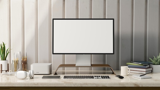 Stylish white workspace with pc computer mockup headphone and things on marble table 3d rendering