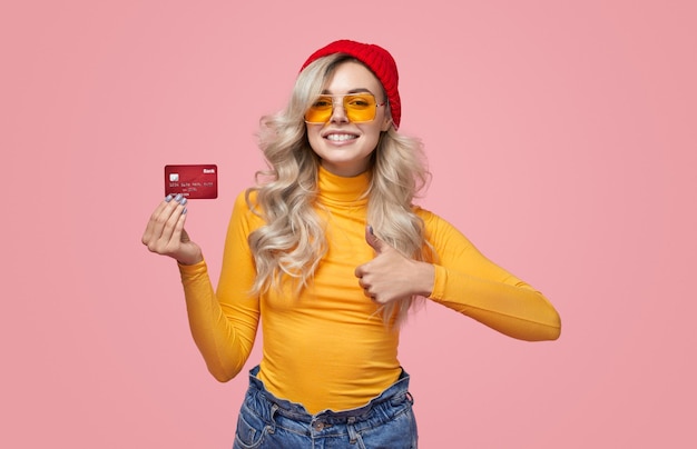 Stylish woman approving credit card