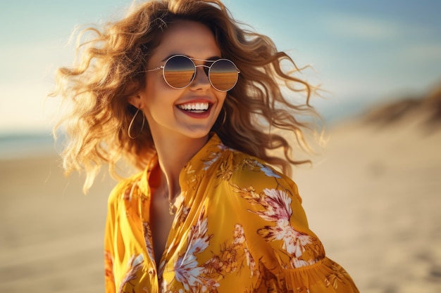 트렌디한 옷과 선글라스를 입은 해변에 있는 세련된 여성