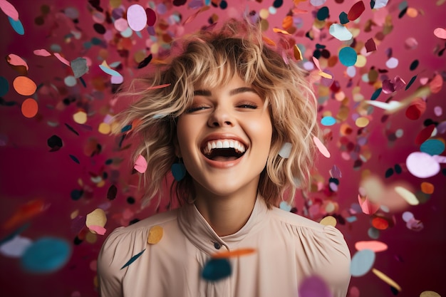 Stylish woman celebrating an event with falling confetti on background