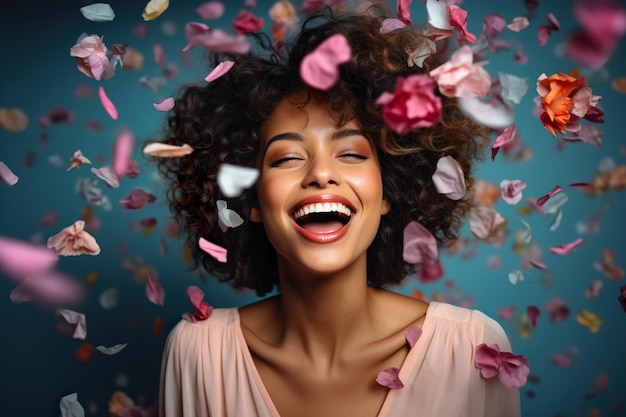 Stylish woman celebrating an event with falling confetti on background