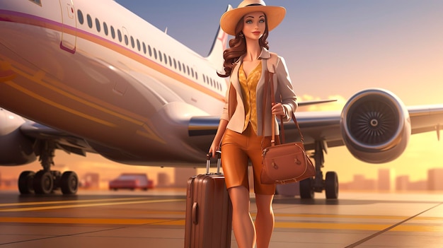 Stylish woman in a chic suit with luggage ready to board a private jet