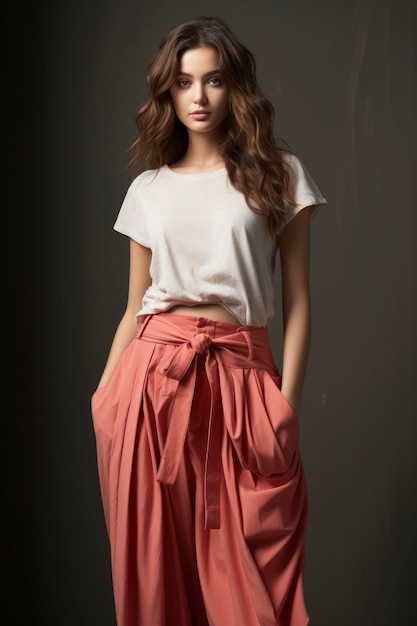 A stylish woman confidently rocks long peachcolored trousers