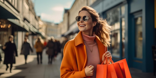 Стильная женщина, наслаждающаяся шопингом на оживленной городской улице, радостный опыт шоппинга запечатлен ИИ