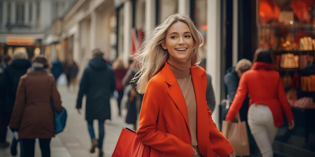 Stylish woman enjoys shopping in the city walking down the street with a smile urban fashion scene AI