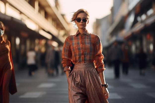 패션 복장을 한 세련된 여성이 화창한 날 도시 거리를 걷는다