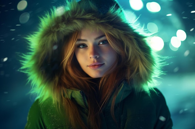 A stylish woman in a green coat with a furry hood