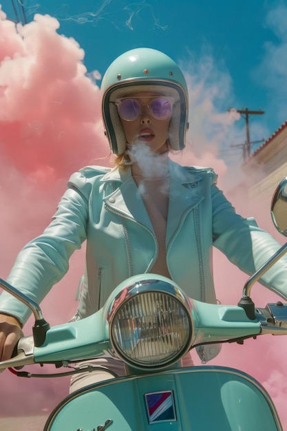 Foto donna elegante con casco che guida uno scooter vintage in una giornata di sole con nuvole rosa e sfondo urbano