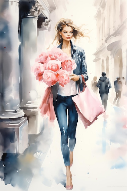 Stylish woman holding large bouquet of pink peonies on the street Illustration