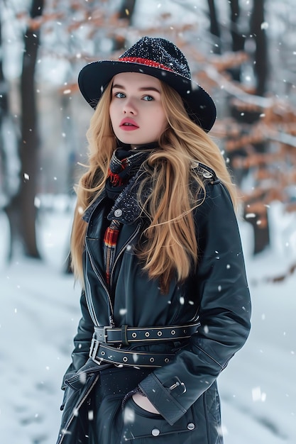 Stylish woman in leather coat and black hat demonstrate winter fashion