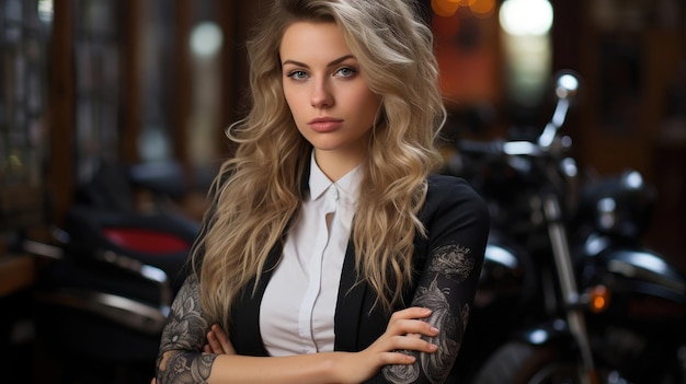 Stylish woman in motorcycle shop