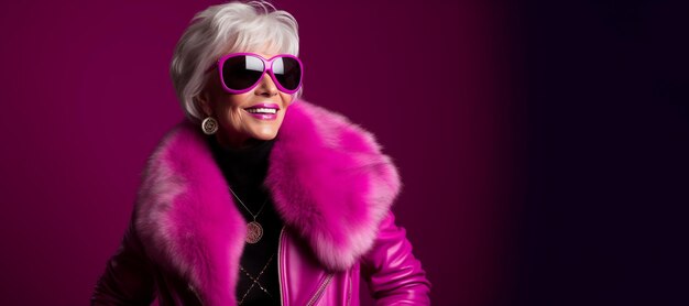 A stylish woman in a pink fur coat and sunglasses