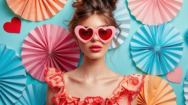 A stylish woman poses with retro hairstyle and heartshaped sunglasses