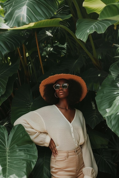 Stylish woman posing amidst lush tropical foliage embodying a natural fashion aesthetic