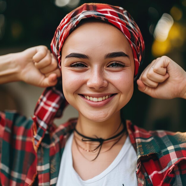 A Stylish Woman in a Red and Black Plaid Shirt