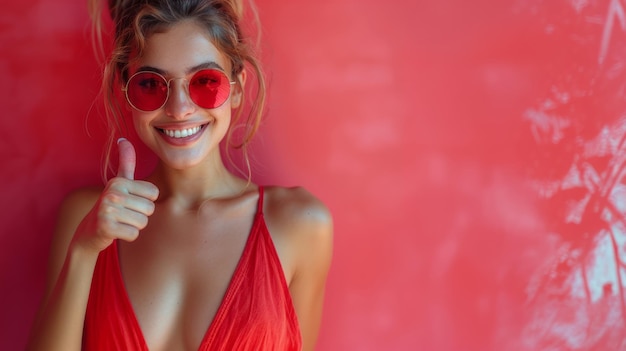 Photo stylish woman in red sunglasses giving thumbs up against vibrant background