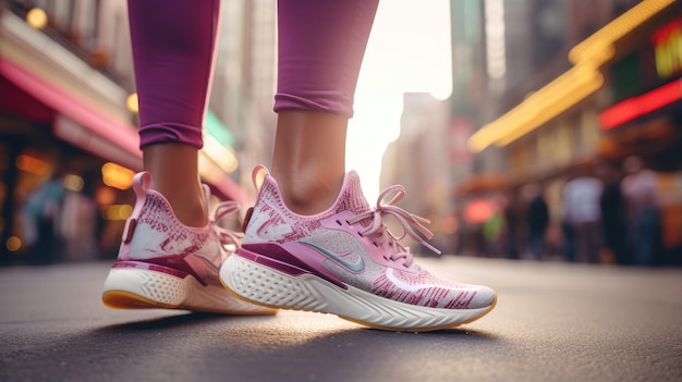 a stylish woman's sneakers as she confidently strides along a city street Leave ample space for text or branding