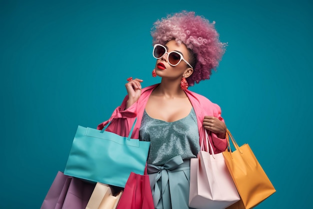 Stylish woman shopper in sunglasses holding colorful shopping bags AI Generated