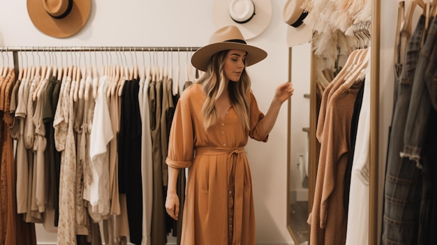 Photo stylish woman shopping for clothes on a rack generative ai