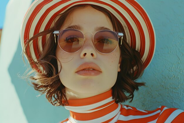 Stylish Woman in Striped Outfit with Red Hat Against Blue Background