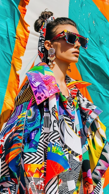 Stylish woman in sunglasses and colorful jacket fashion concept