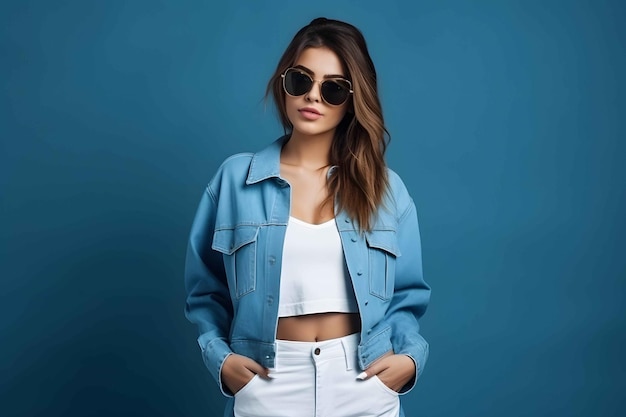 A stylish woman in sunglasses and a denim jacket